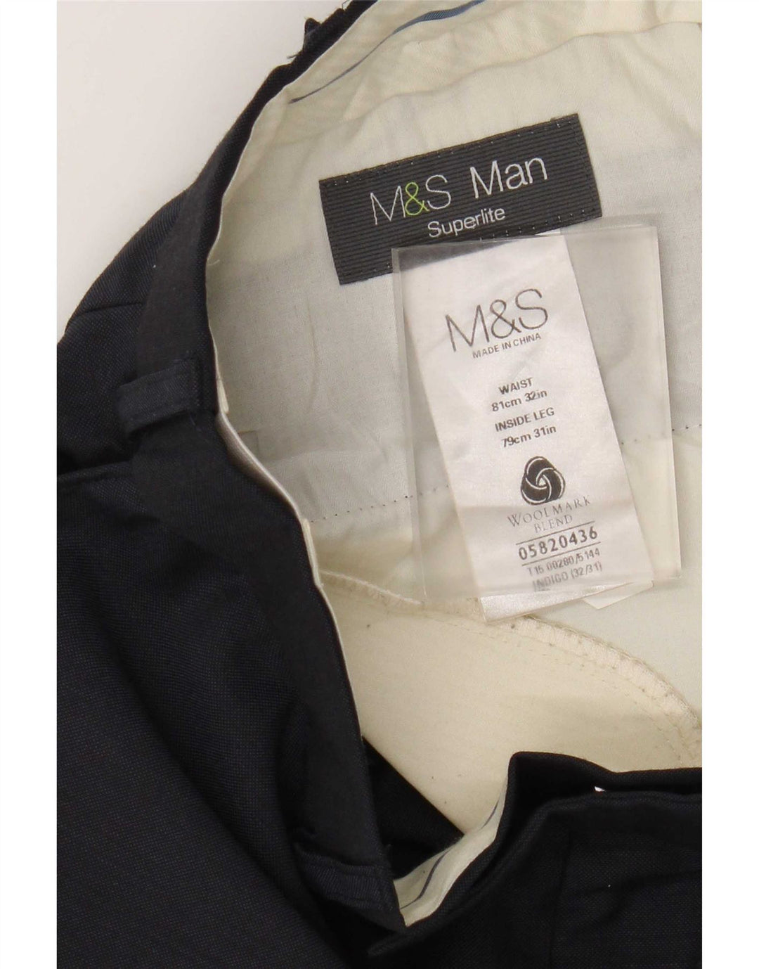 Pantaloni da abito dritti da uomo Marks & Spencer W32 L31 lana blu navy