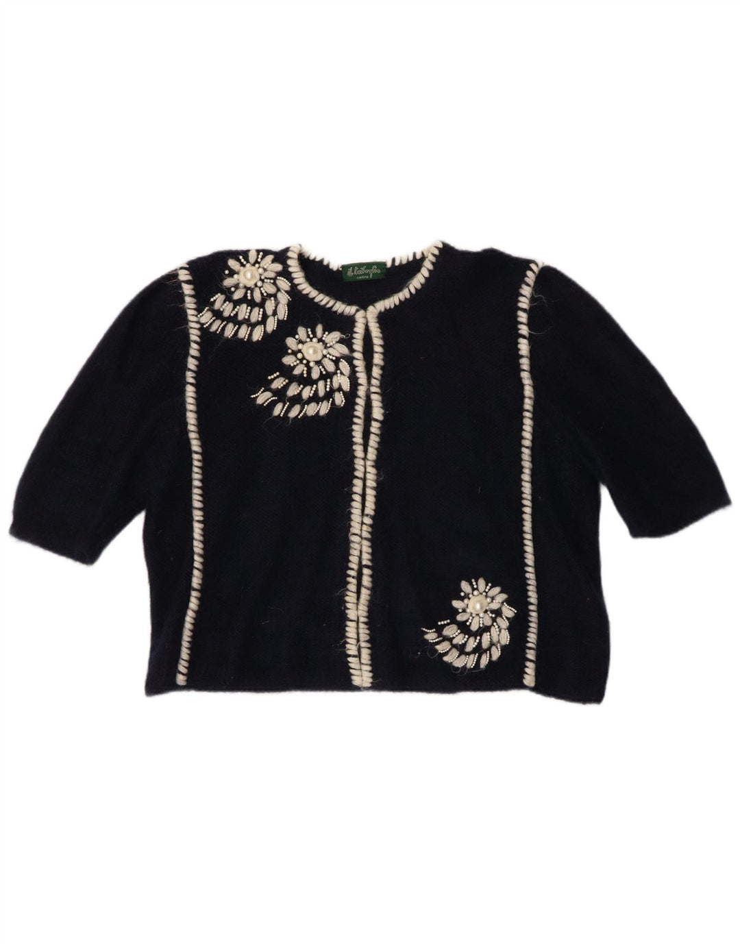 Maglione Bolero da donna VINTAGE a 1/2 manica UK 16 Grande floreale blu navy