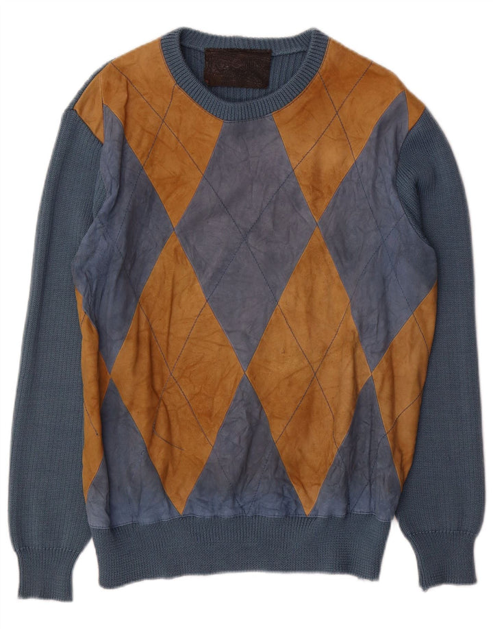 Maglione maglione girocollo da uomo vintage blu medio a rombi/acrilico con diamanti