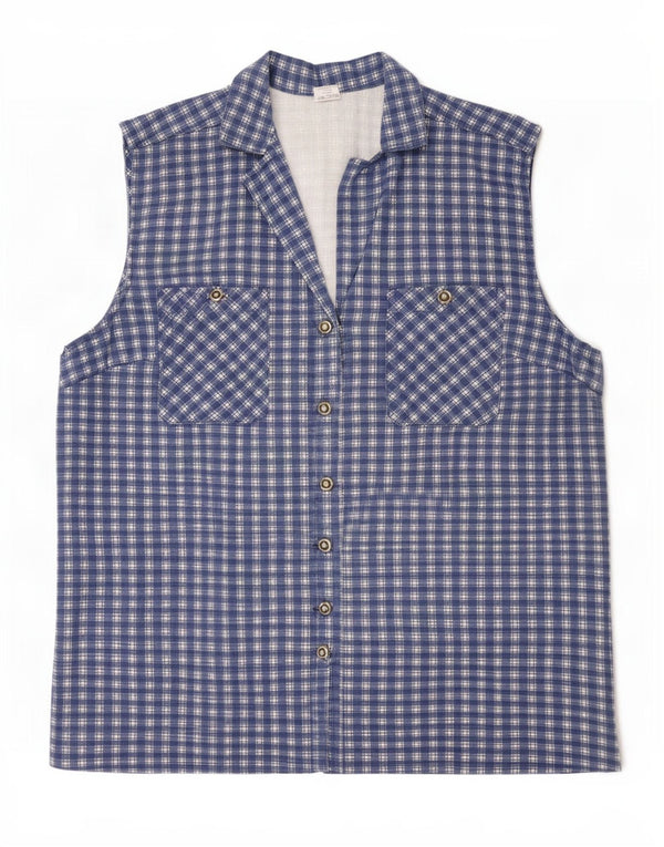 Camicetta camicia senza maniche vintage da donna UK 24 4XL cotone a quadri blu