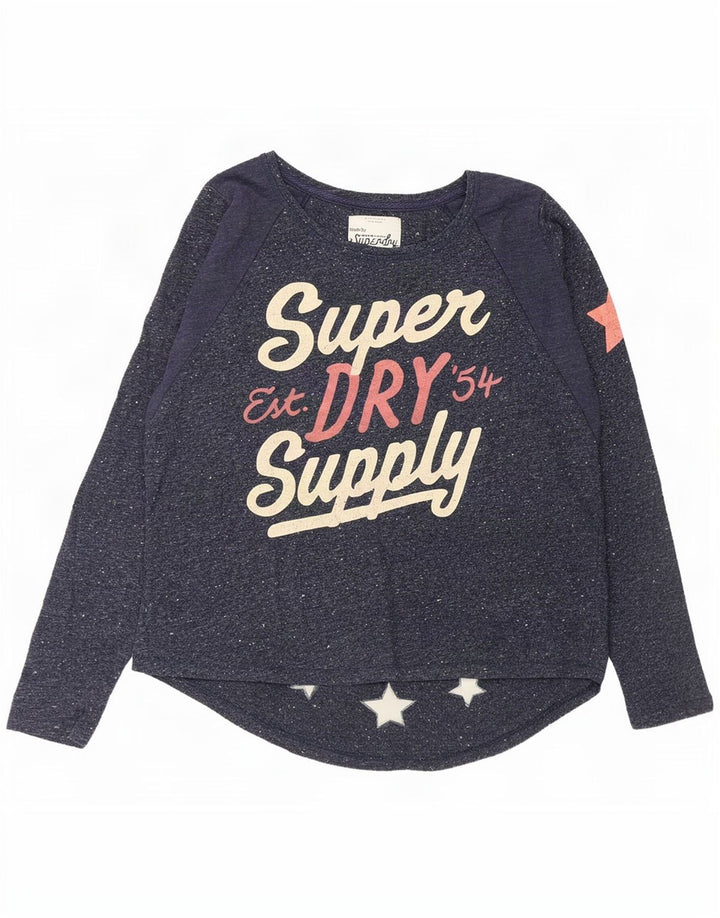 Top grafico da donna a maniche lunghe Superdry UK 14 medio blu navy screziato