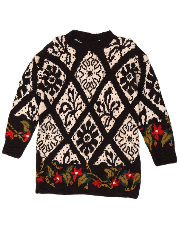 Maglione maglione girocollo fatto a mano da donna vintage UK 14 medio nero floreale