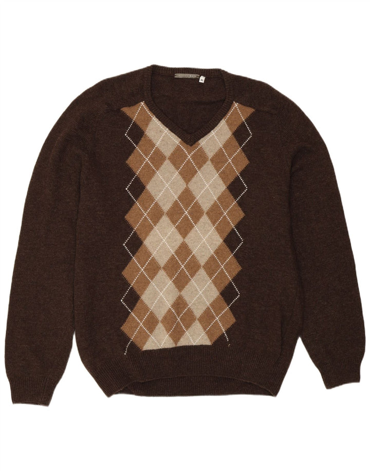 Maglione maglione vintage da uomo con scollo a V XL marrone a rombi/lana diamante