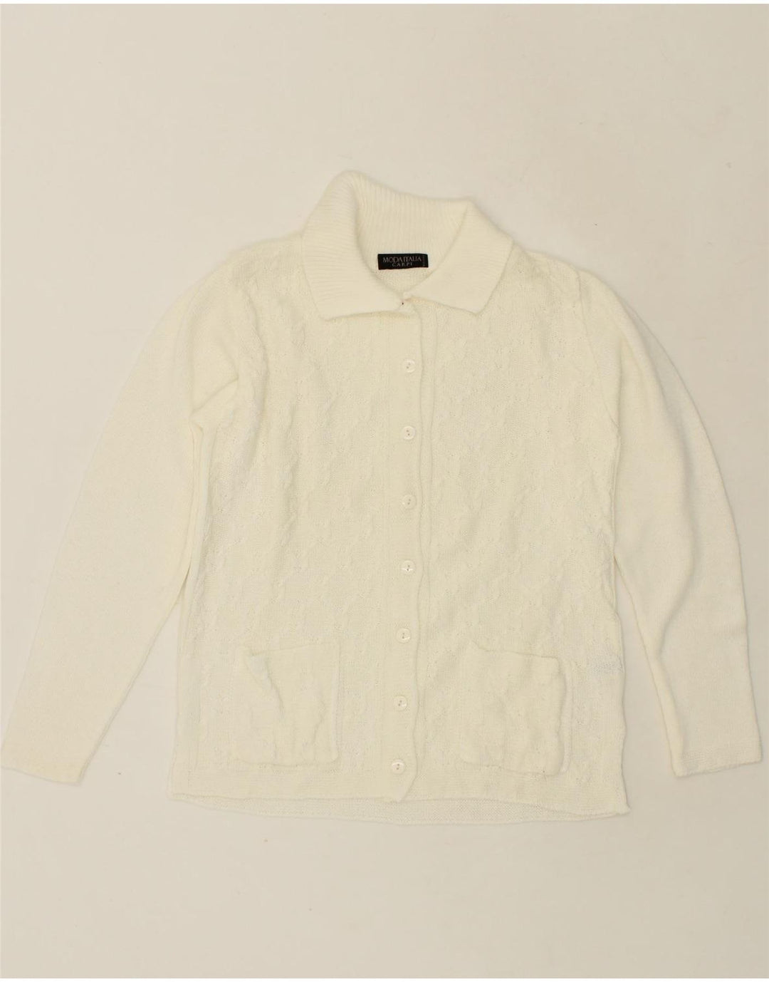 VINTAGE Womens Cardigan Sweater UK 12 Medium White Acrylic Vintage Vintage and Second-Hand Vintage from Messina Hembry 