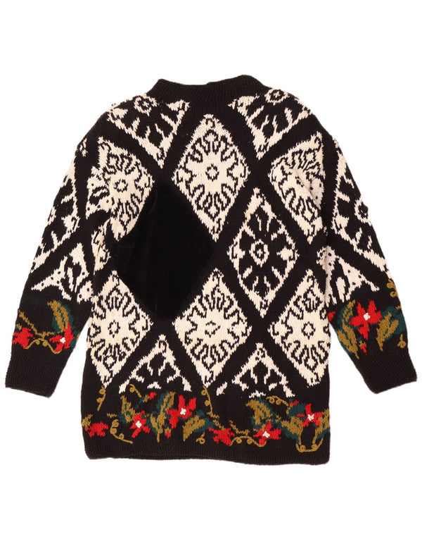 Maglione maglione girocollo fatto a mano da donna vintage UK 14 medio nero floreale