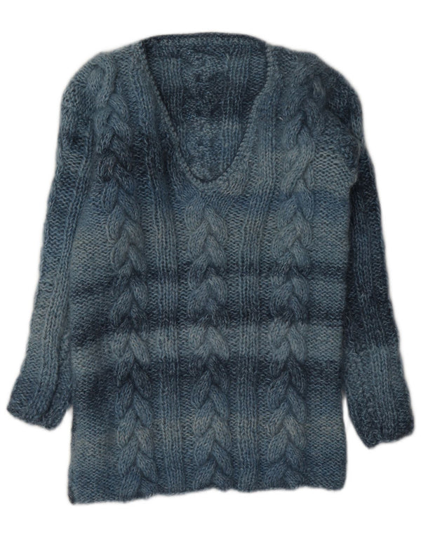 Maglione vintage da donna con scollo a V UK 12 a righe blu medio