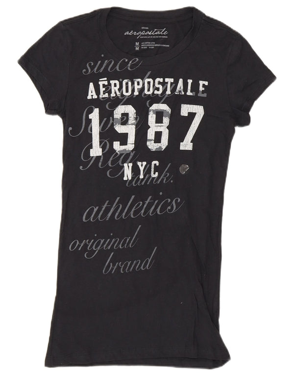 Aeropostale Womens Graphic T-Shirt Top UK 12 Medium Navy Blue Cotton