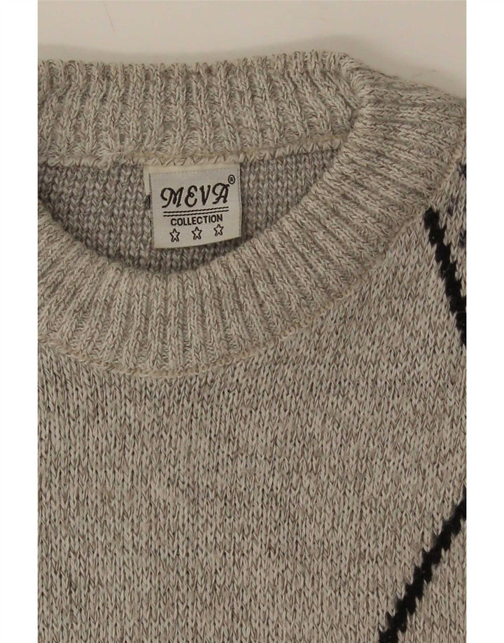 Maglione girocollo da uomo vintage in lana geometrica grigia grande