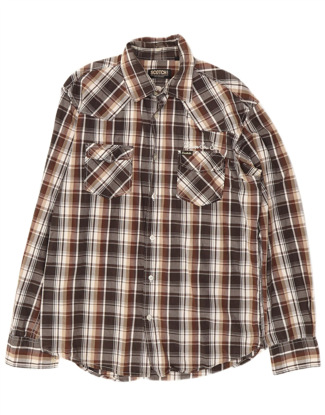 SCOTCH & SODA Mens Graphic Shirt Large Brown Check Cotton