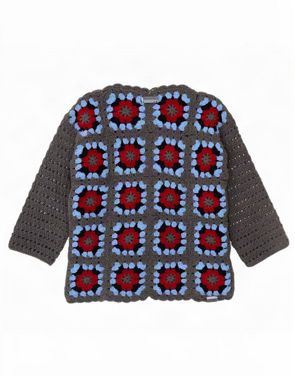 Maglione vintage da donna con collo alto all'uncinetto, UK 14, grande motivo floreale grigio