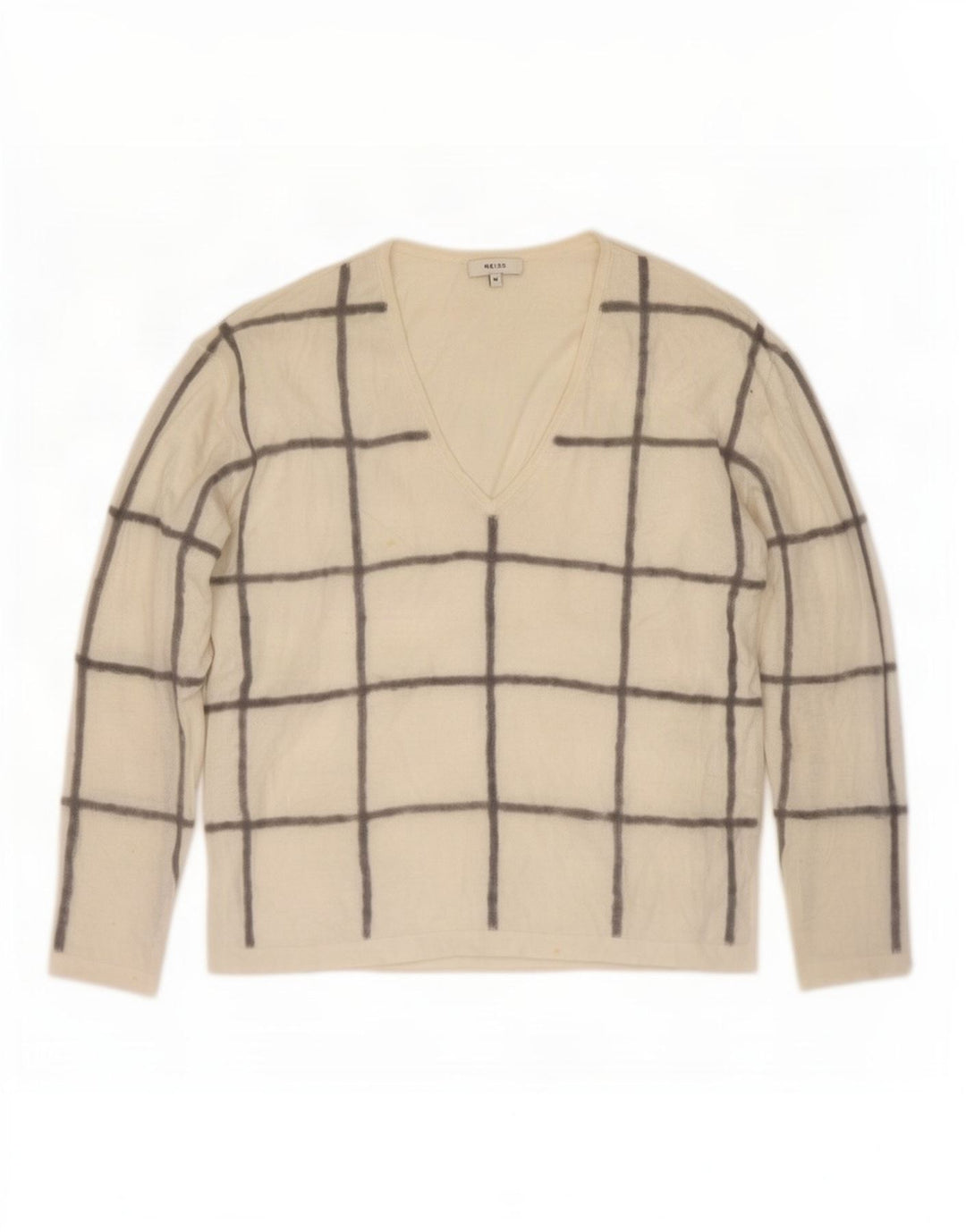 Maglione maglione con scollo a V da donna Reiss UK 14 Poliestere a quadri bianco medio