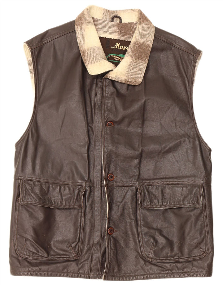 Gilet in pelle da uomo vintage IT 48 in pelle color block marrone medio