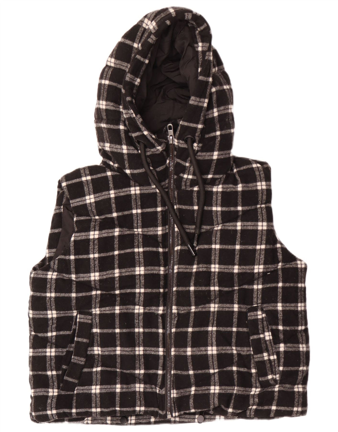 Gilet imbottito con cappuccio corto oversize da donna Zara UK 14 medio nero a quadri
