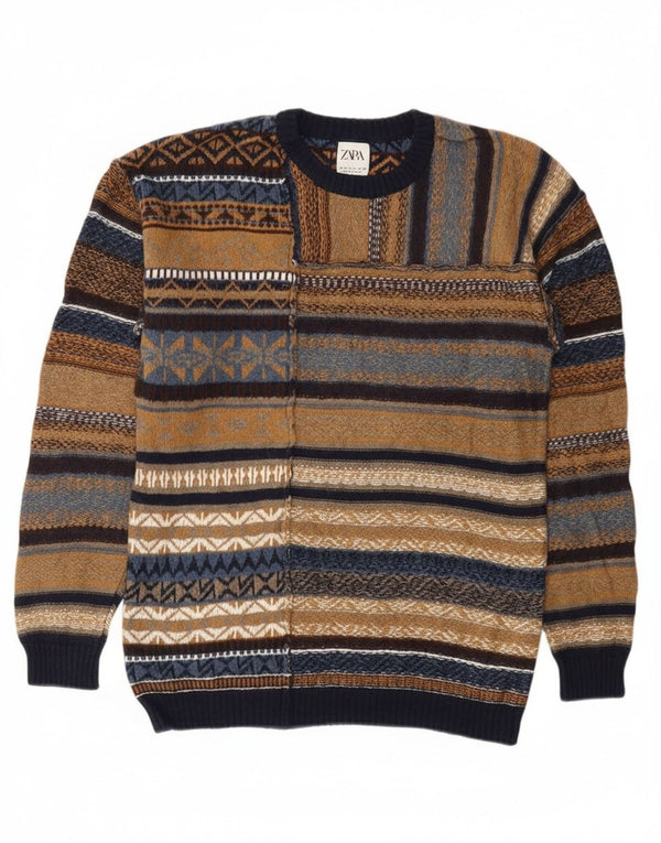 Maglione girocollo da uomo Zara in cotone Fair Isle beige medio