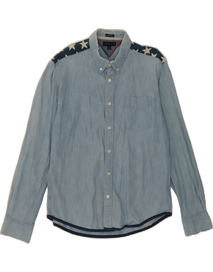 TOMMY HILFIGER Mens Custom Fit Shirt Large Blue Colourblock Cotton Vintage Tommy Hilfiger and Second-Hand Tommy Hilfiger from Messina Hembry 
