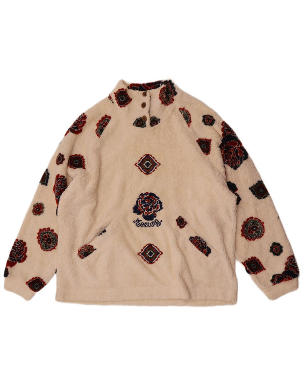 Maglione in pile da donna, vestibilità ampia, UK 14, grande, bianco sporco, sportivo floreale