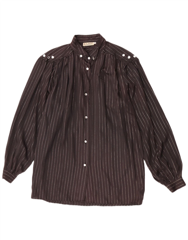 Camicetta camicia vintage da donna UK 14 gessato nero medio