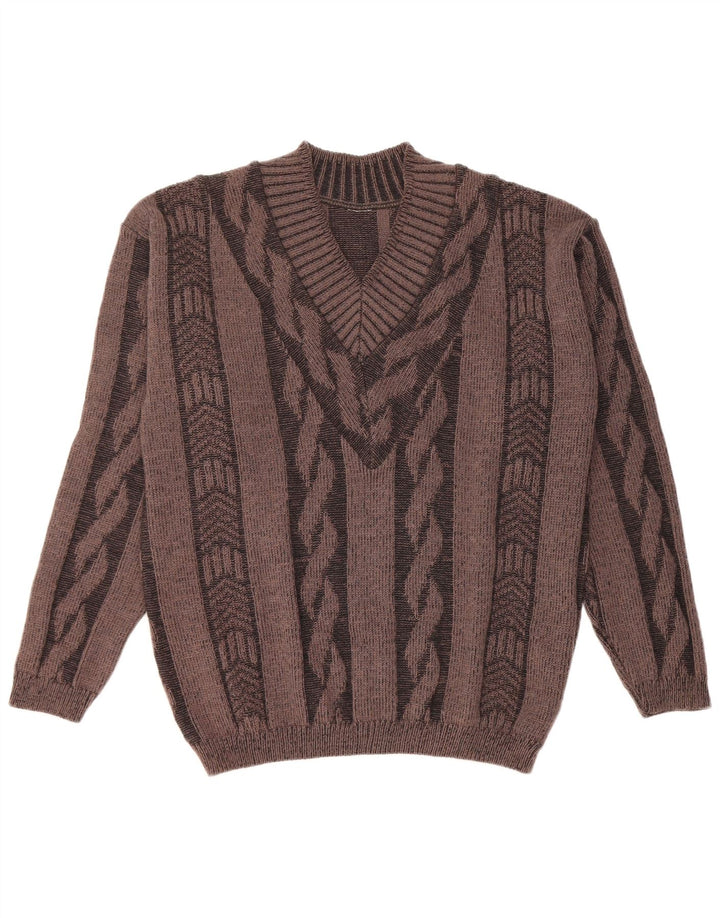 Maglione vintage da uomo con scollo a V, grande marrone geometrico