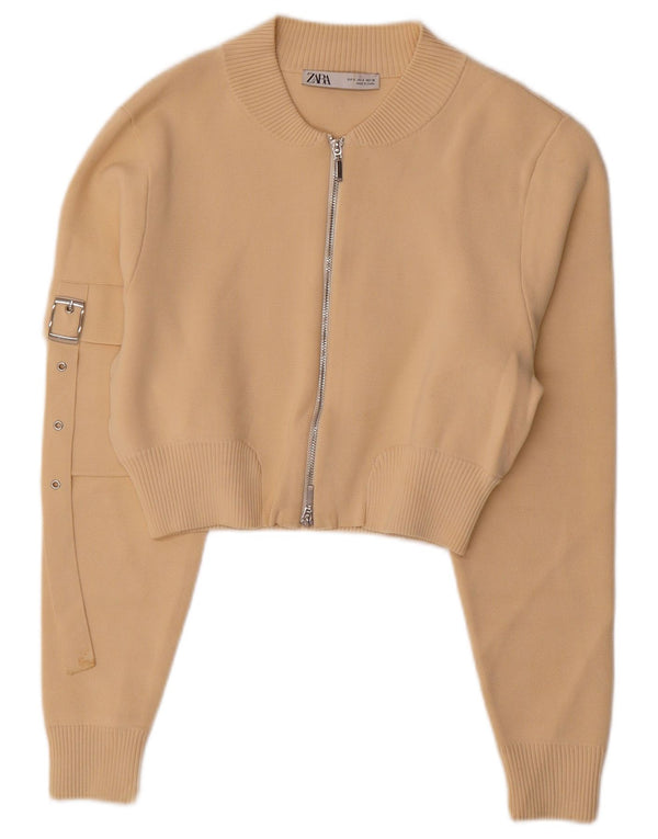 Maglione cardigan corto Zara da donna UK 10 piccolo beige poliammide
