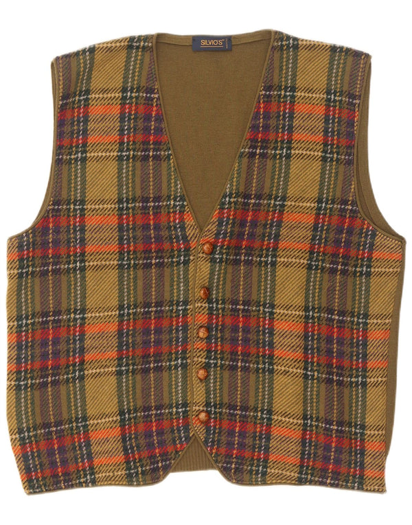 Maglione cardigan senza maniche vintage da uomo IT 54 XL lana a quadri kaki