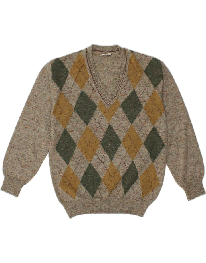 RODES Maglione da uomo con scollo a V, grigio medio, lana a rombi/diamante