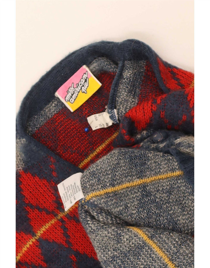 Maglione cardigan da donna vintage US 12 grande blu navy a rombi/diamante