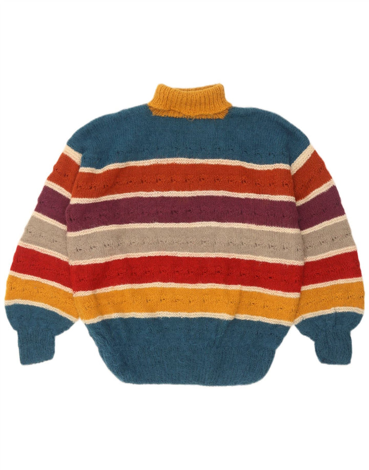 Maglione maglione vintage da donna con collo alto UK 14 grandi righe multicolori