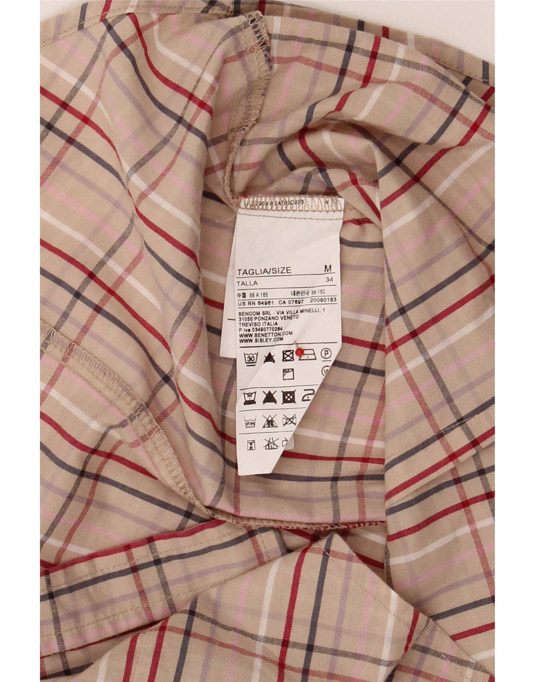 BENETTON Womens Shirt UK 14 Medium Beige Check Cotton Vintage Benetton and Second-Hand Benetton from Messina Hembry 
