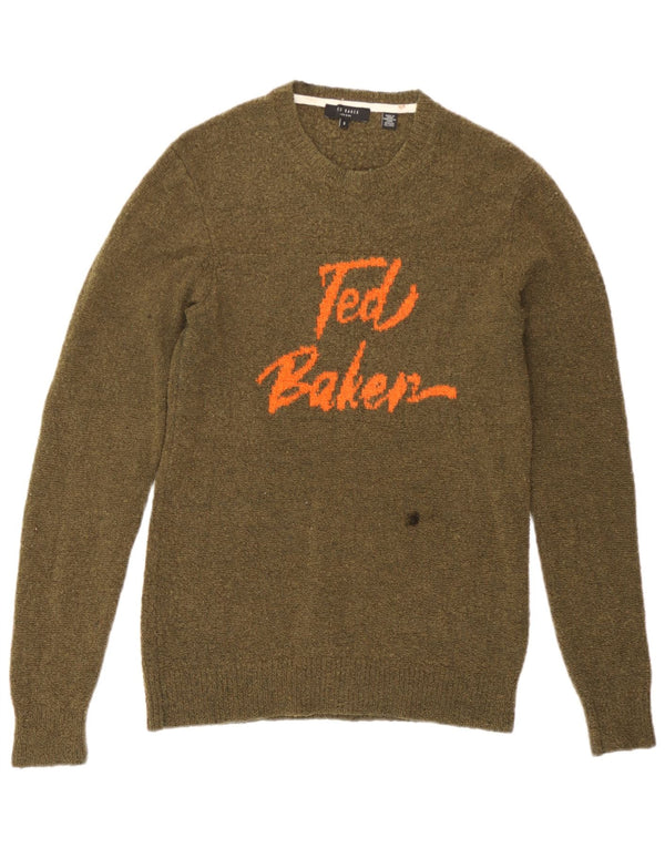 Maglione maglione girocollo con grafica da uomo Ted Baker taglia 2 piccolo in lana kaki