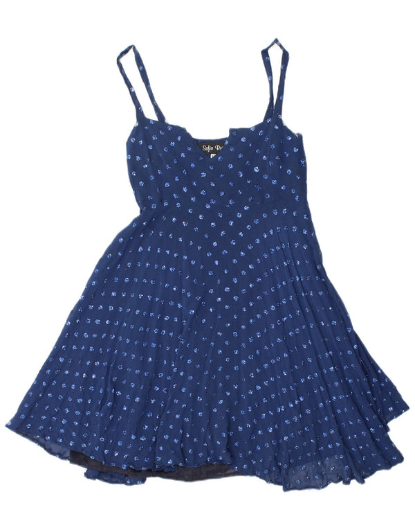 Abito sottoveste da donna VINTAGE IT 42 medio in seta maculata blu navy