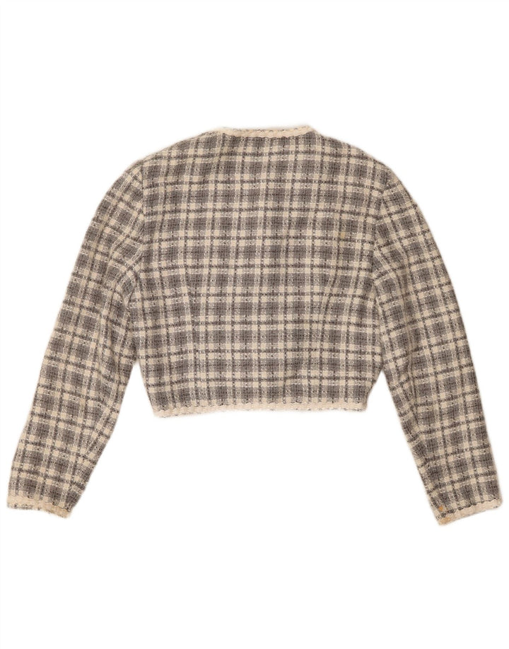 Giacca bolero vintage da donna a 3 bottoni EU 36 piccolo acrilico a quadri grigi