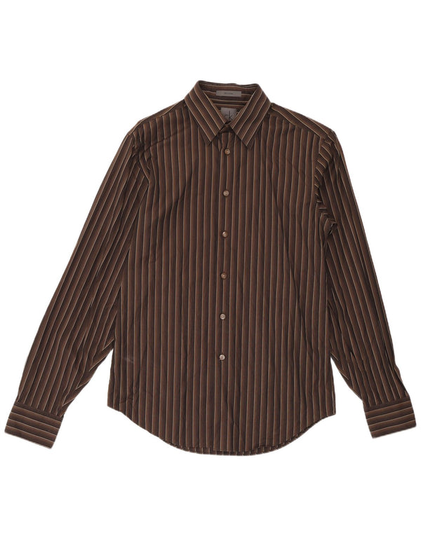 Camicia slim fit da uomo Calvin Klein taglia 15 38 cotone gessato marrone medio