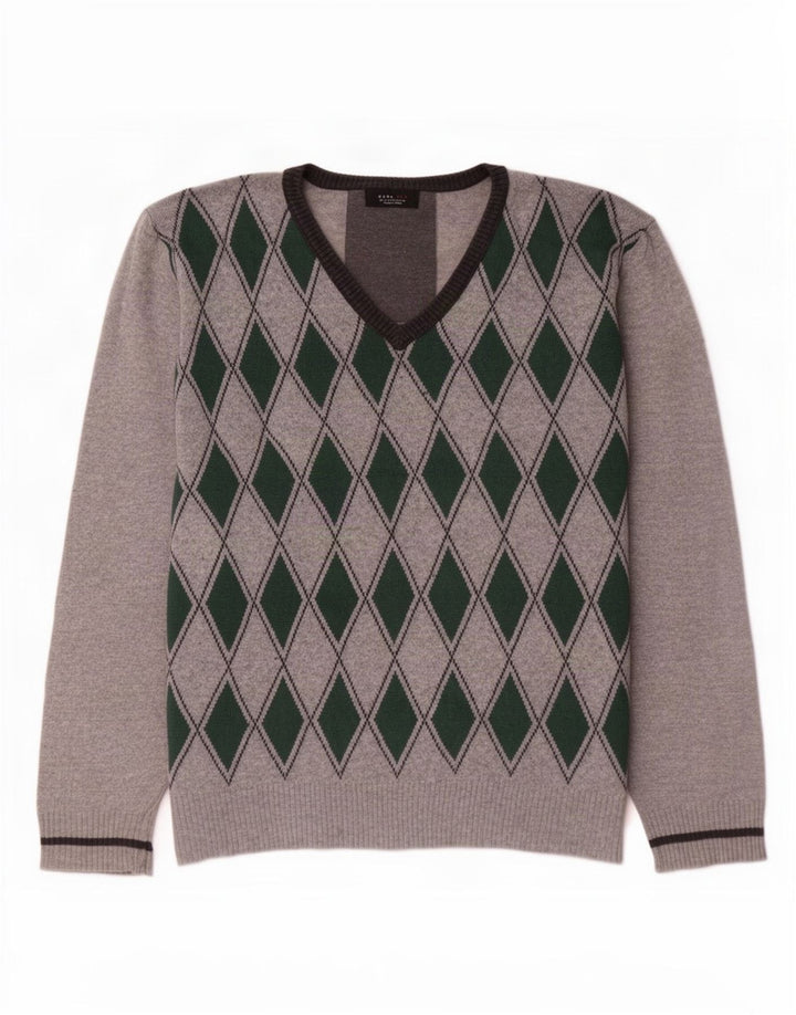 Maglione Zara da uomo con scollo a V XL grigio a rombi/diamante