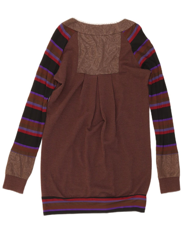 Maglione cardigan lungo da donna vintage EU 38 cotone a righe marrone medio