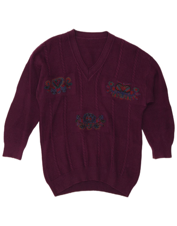 Maglione maglione con scollo a V da uomo VINTAGE XL viola floreale