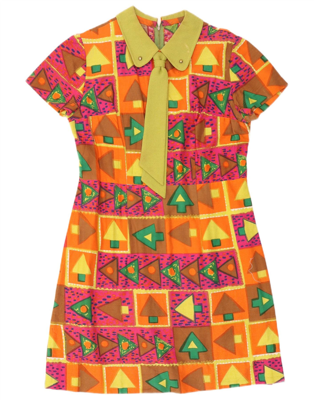 Abito a trapezio con cravatta frontale da donna vintage UK 16 Grande motivo geometrico multicolore