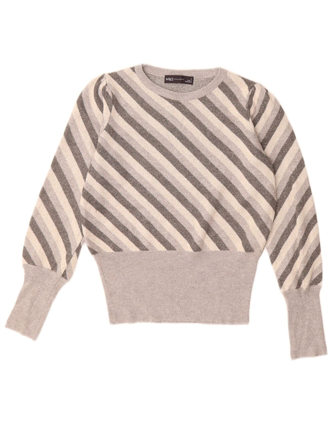 Maglione maglione girocollo da donna Marks & Spencer UK 8 piccolo grigio a righe