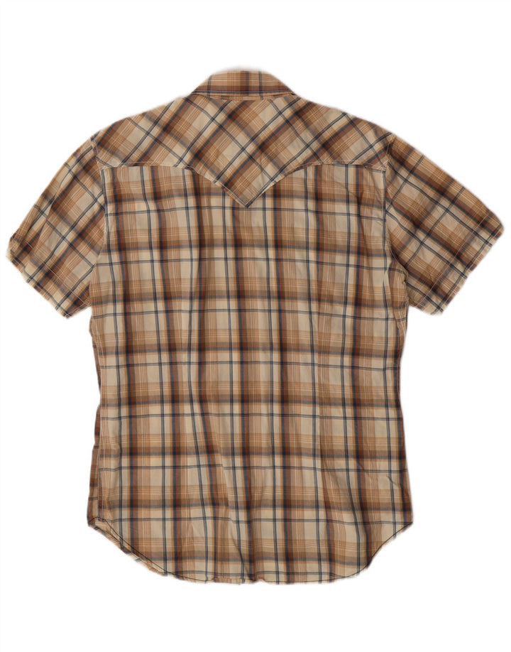 WAMPUM Mens Short Sleeve Shirt Large Brown Check Cotton
