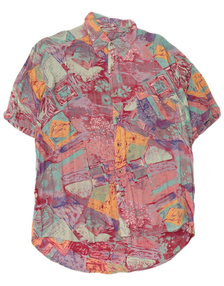 Camicia vintage da uomo a maniche corte in viscosa geometrica multicolore media