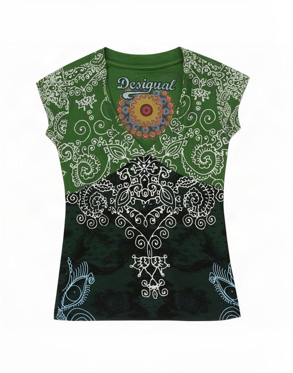 Desigual T-shirt grafica da donna Top UK 6 XS verde Paisley viscosa