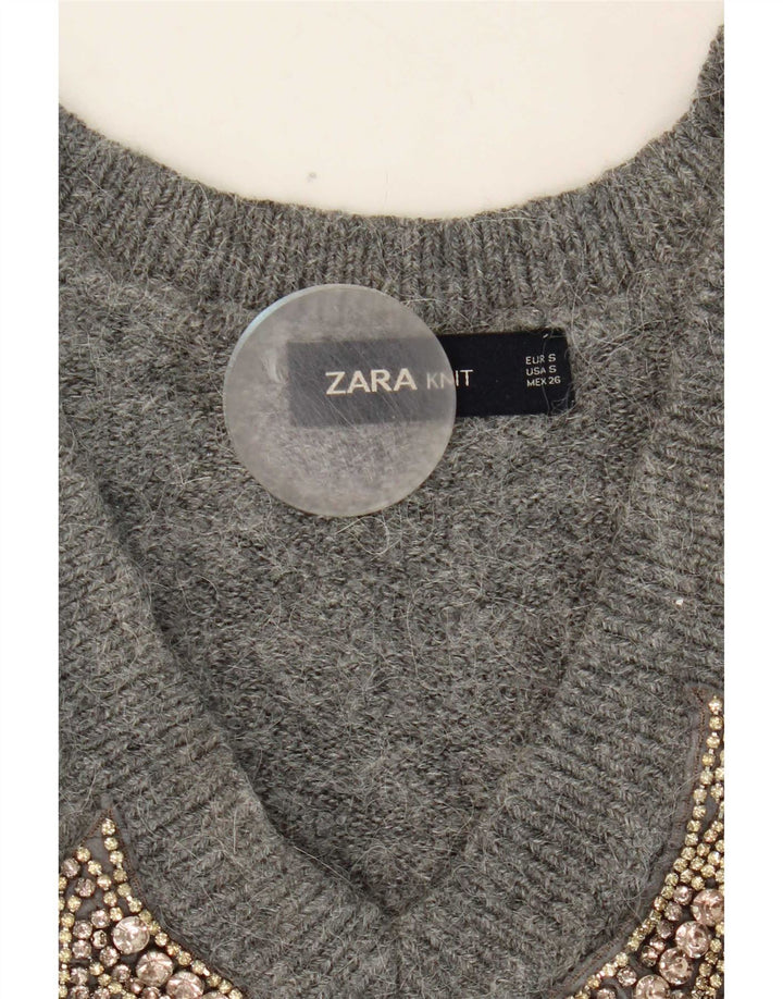 Maglione Zara da donna con scollo a V grafico UK 10 piccolo grigio