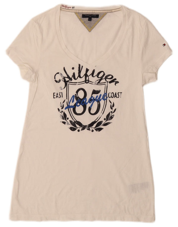 TOMMY HILFIGER T-shirt grafica da donna Top UK 10 piccola cotone bianco
