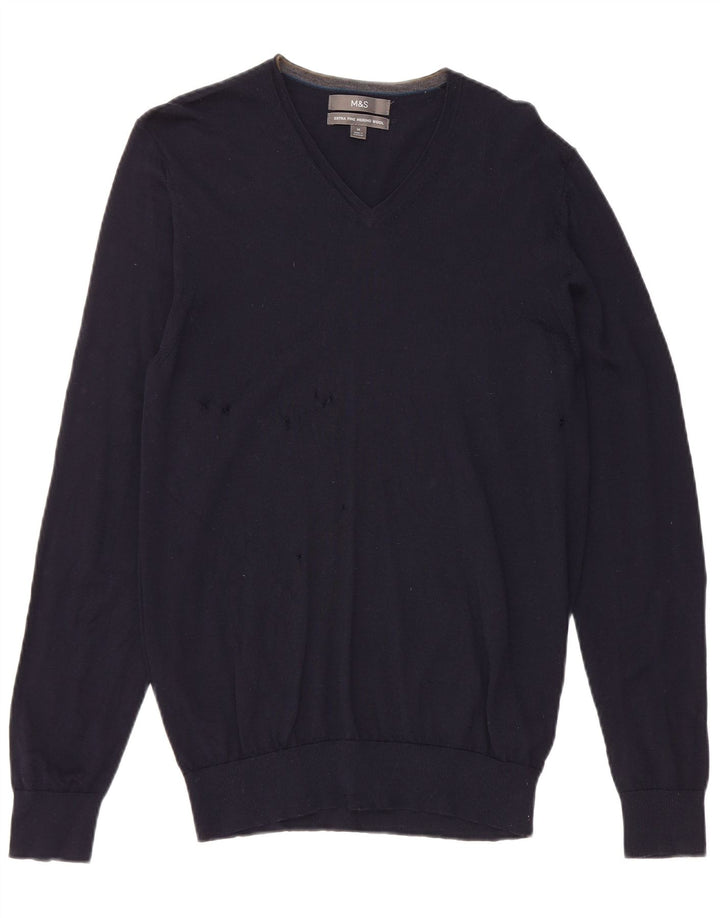 Maglione da uomo con scollo a V Marks & Spencer medio in lana merino blu navy
