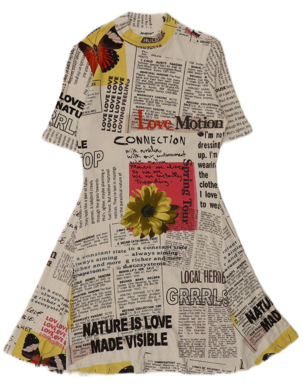 Desigual Abito da donna a trapezio con grafica da giornale UK 12 Viscosa bianca media
