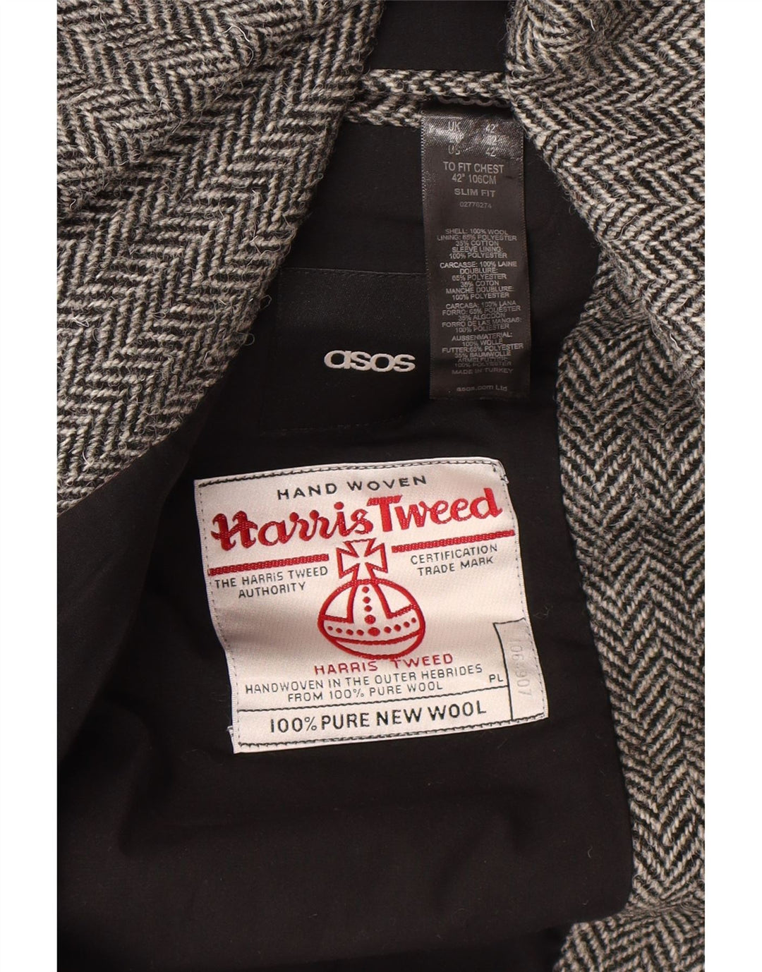 Giacca blazer slim fit da uomo Asos Harris Tweed UK 42 XL grigio a spina di pesce