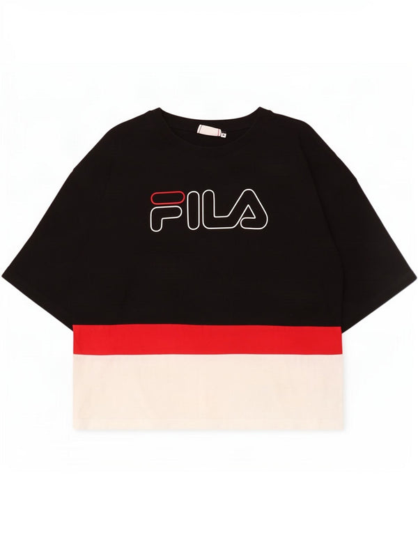 T-shirt grafica da donna Fila Top UK 10 Small in cotone color block nero
