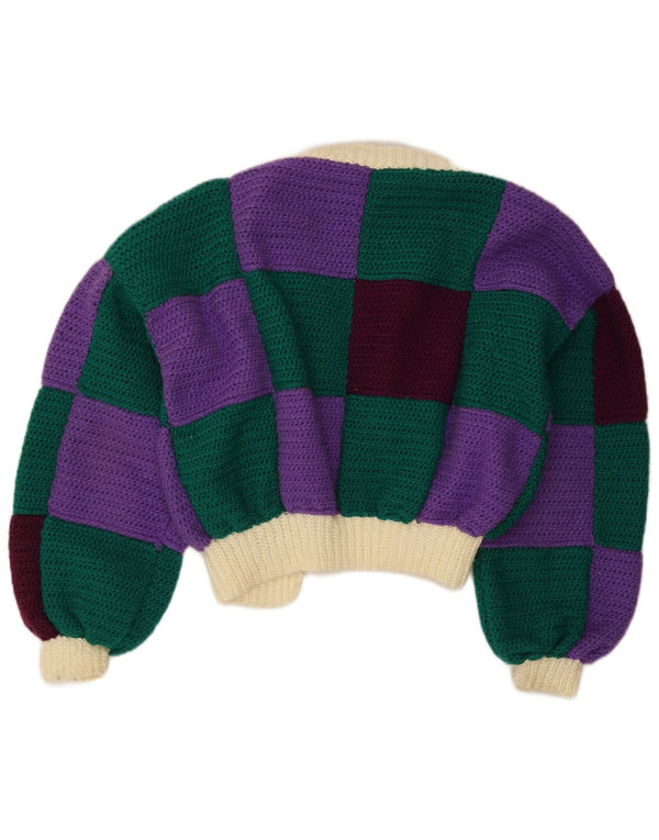 Maglione cardigan corto da donna vintage UK 16 grande blocco di colori multicolore