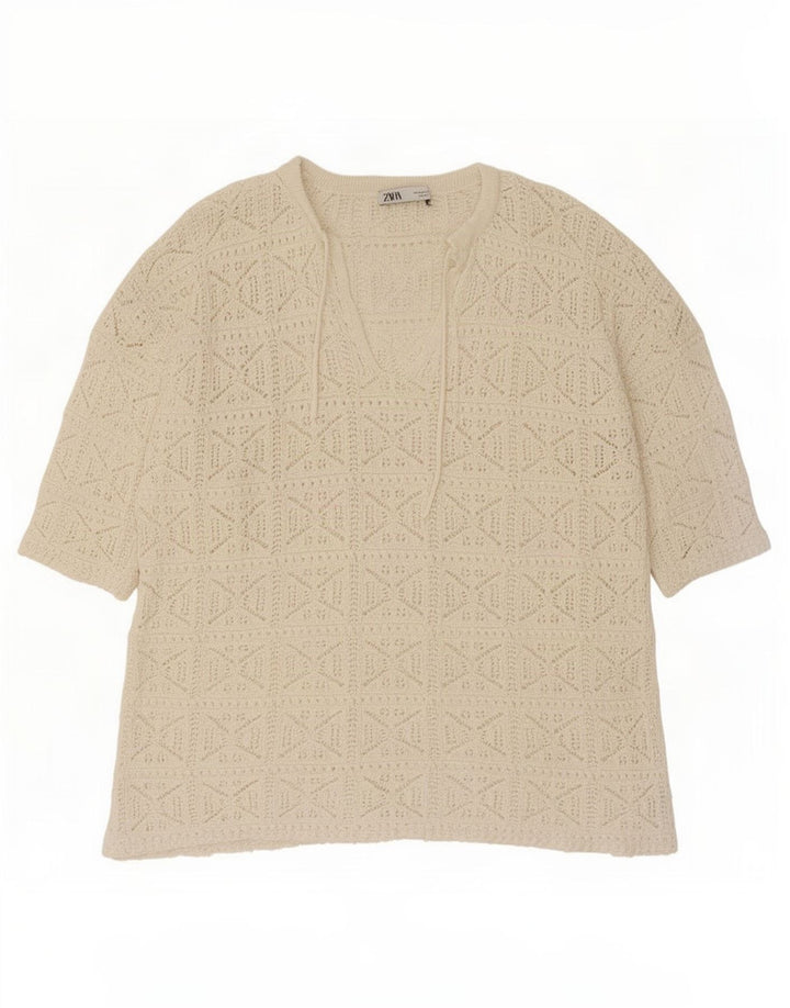 Top tunica oversize all'uncinetto da donna Zara UK 14 Cotone bianco sporco medio