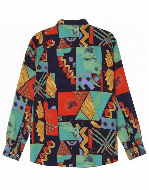 Camicia vintage da uomo grande in viscosa geometrica multicolore