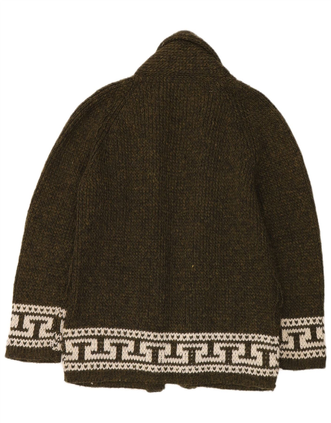 Maglione cardigan aperto da donna vintage UK 14 lana geometrica kaki media